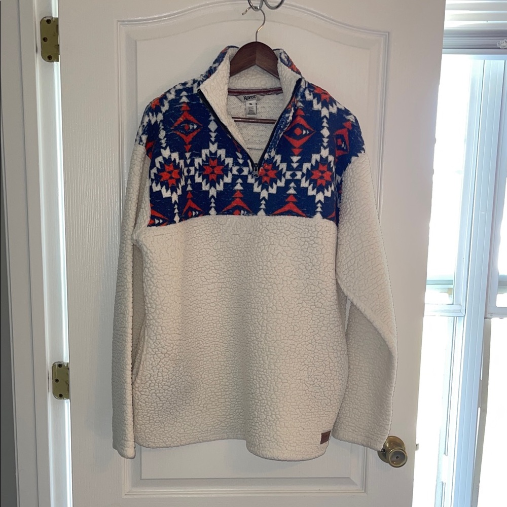 Women's Cream and Blue Patterned Zip-Up Sweater